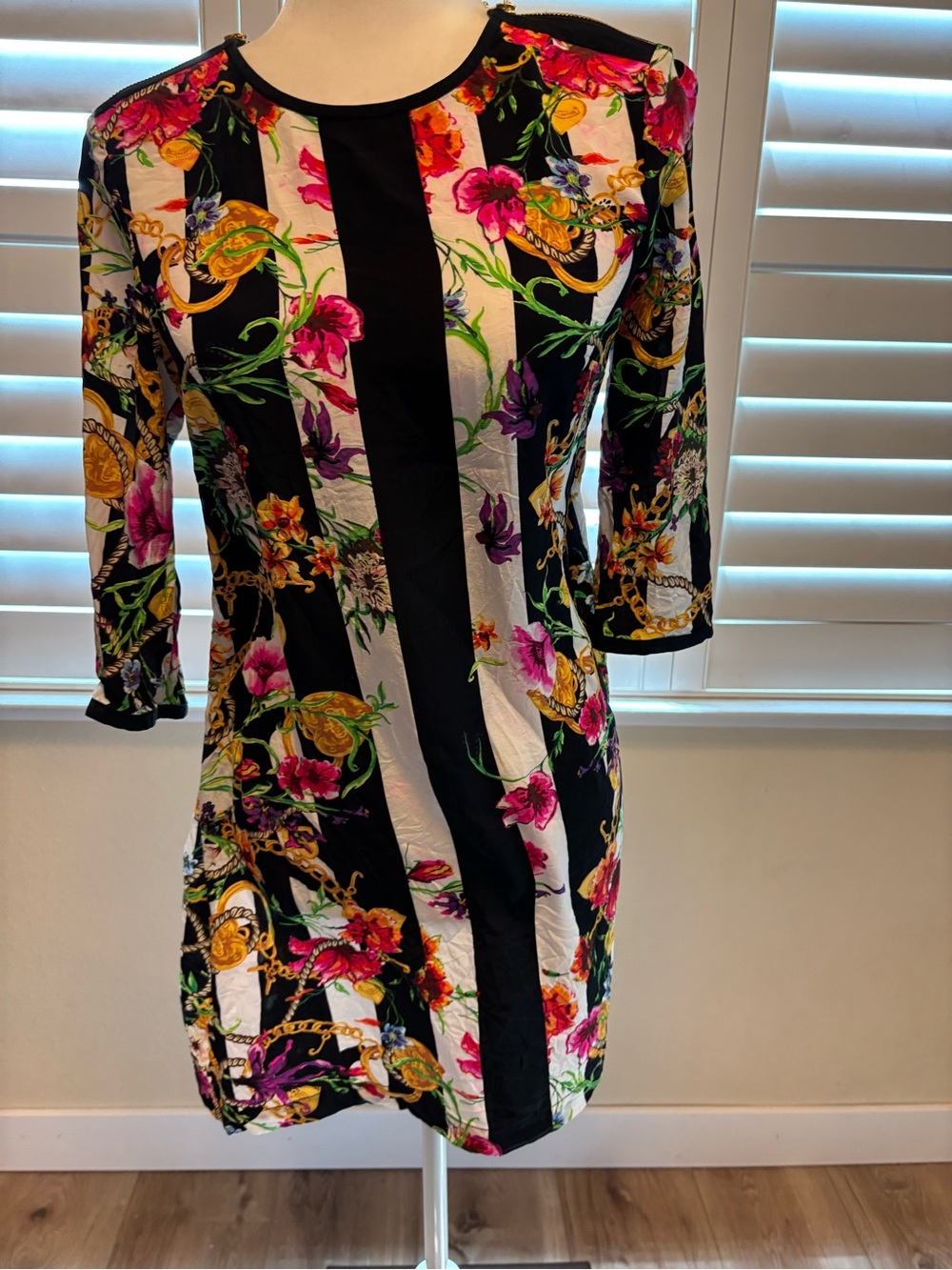 Juicy Couture Black, White, Pink & Gold Floral Stripe Mini Dress